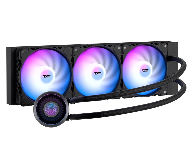 DarkFlash DN360A AIO مبرد سائل للمعالج، مضخة عالية الأداء، مزامنة ARGB، مراوح PWM، مع عرض شعار قابل للتخصيص، متوافق مع Intel 1851/1700، AMD AM4/AM5 (أسود، 360 مم AIO) - Image 1